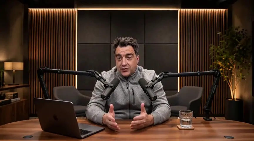 Frame from version one showing a speaker seated at a podcast studio desk