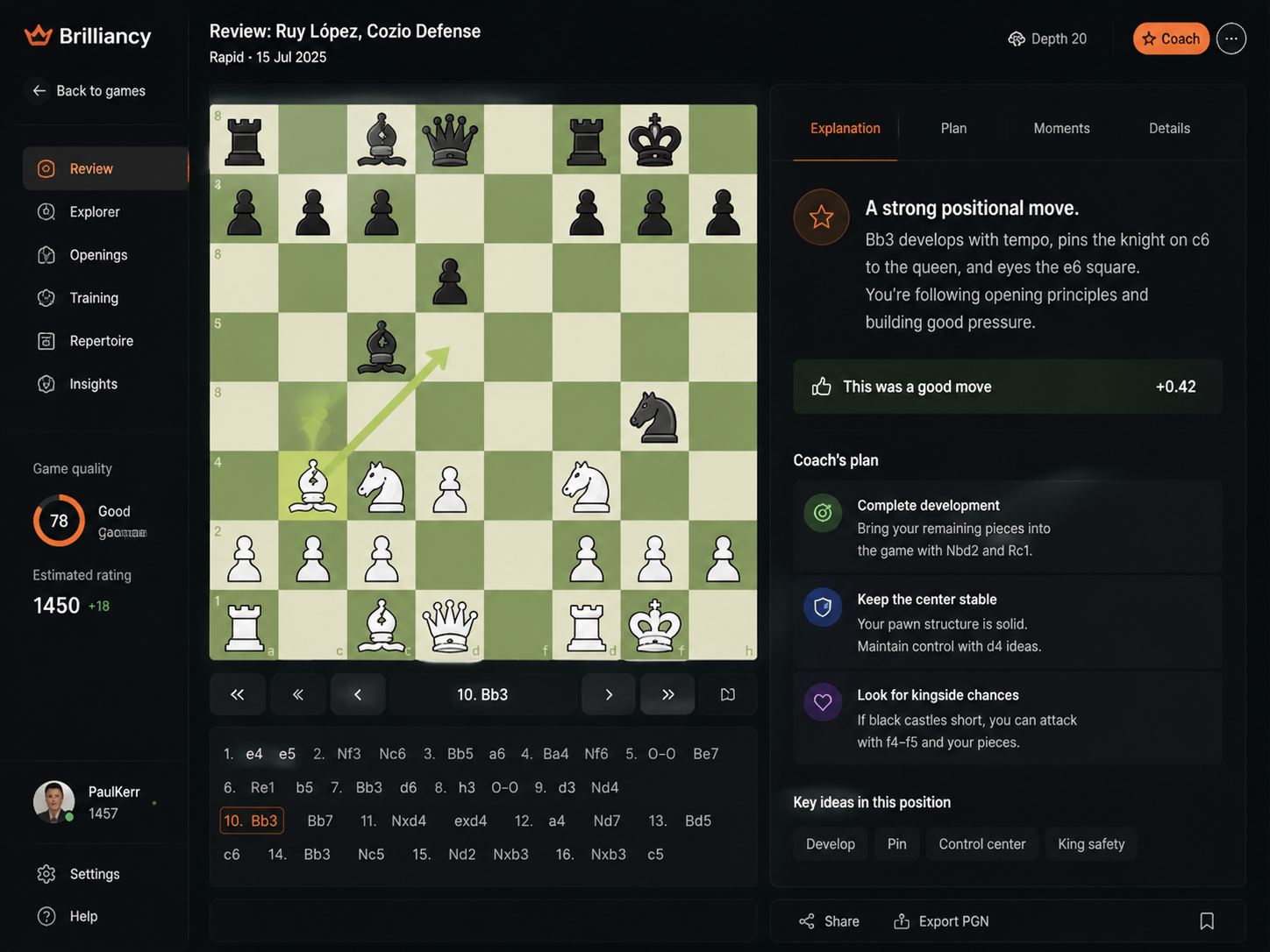 Brilliancy chess coaching interface