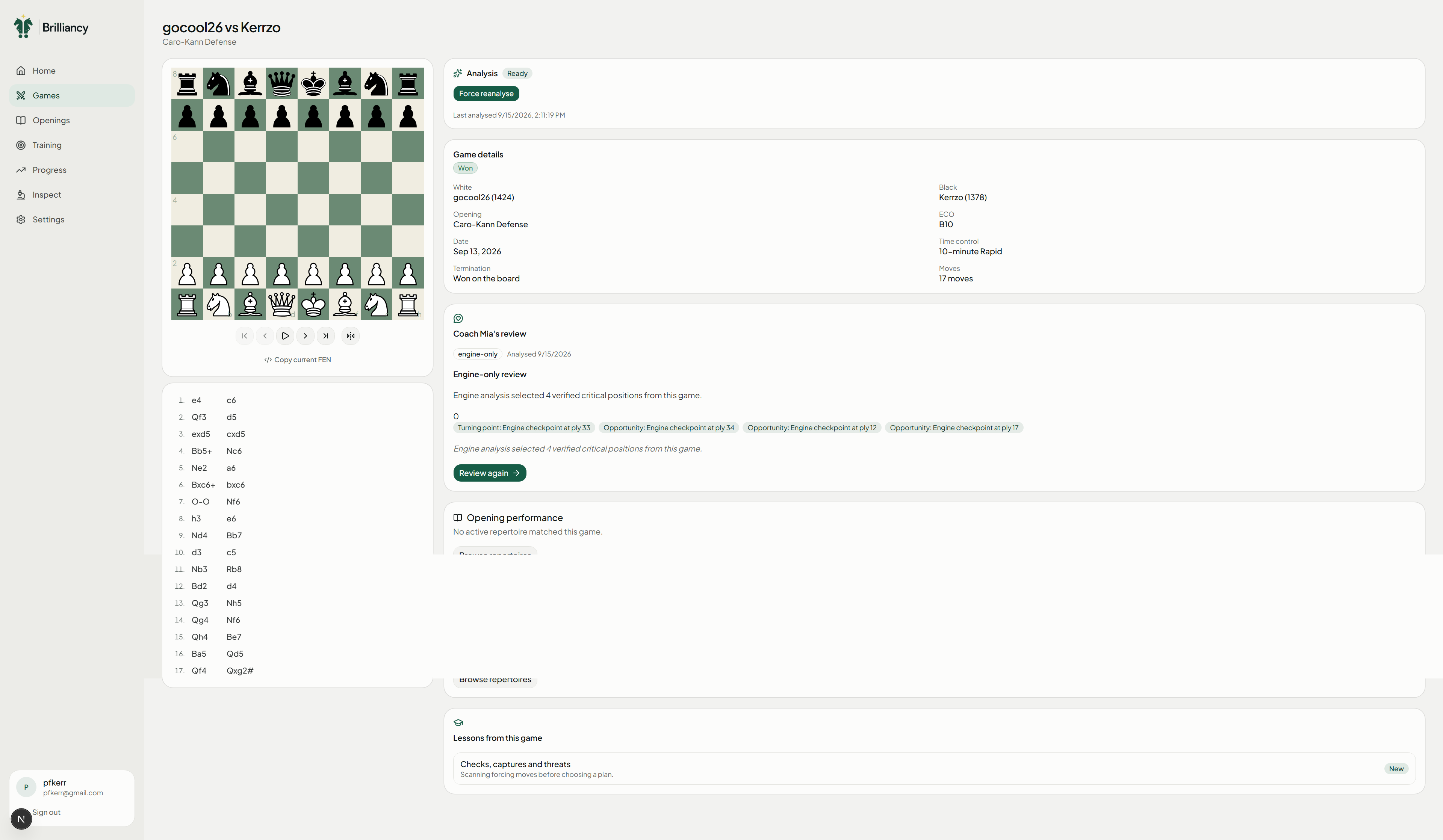 Brilliancy game review showing the chessboard, move history, game details and engine-selected review positions