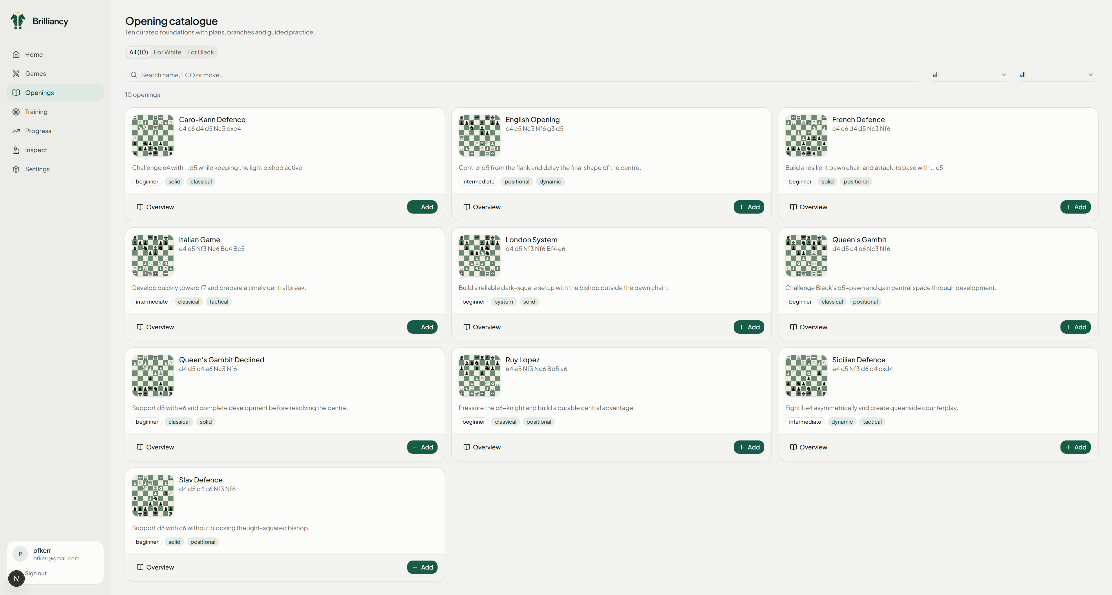 Brilliancy opening catalogue with board positions, opening plans and repertoire controls