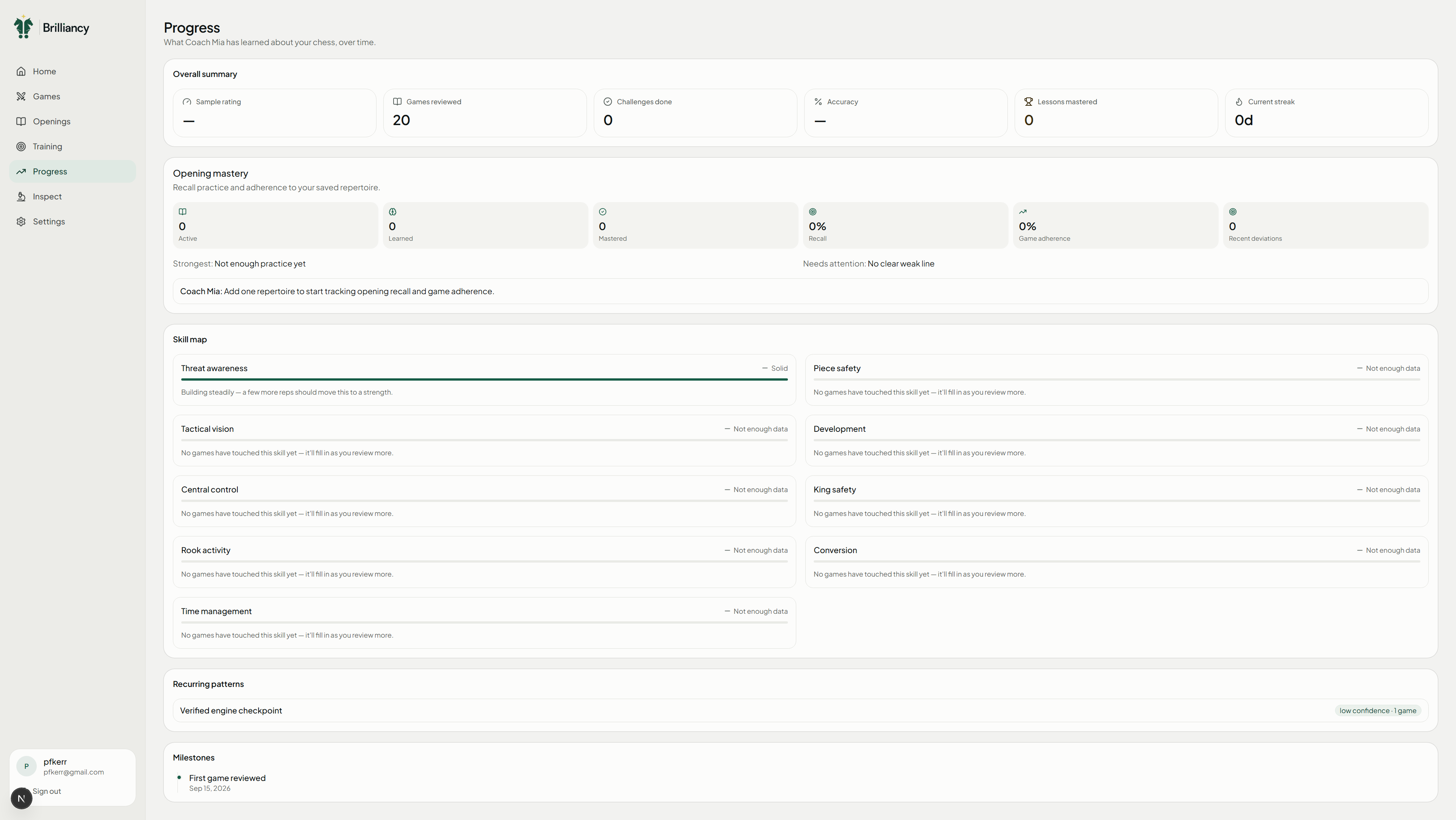 Brilliancy progress screen showing reviewed games, opening mastery, a skill map and recurring patterns