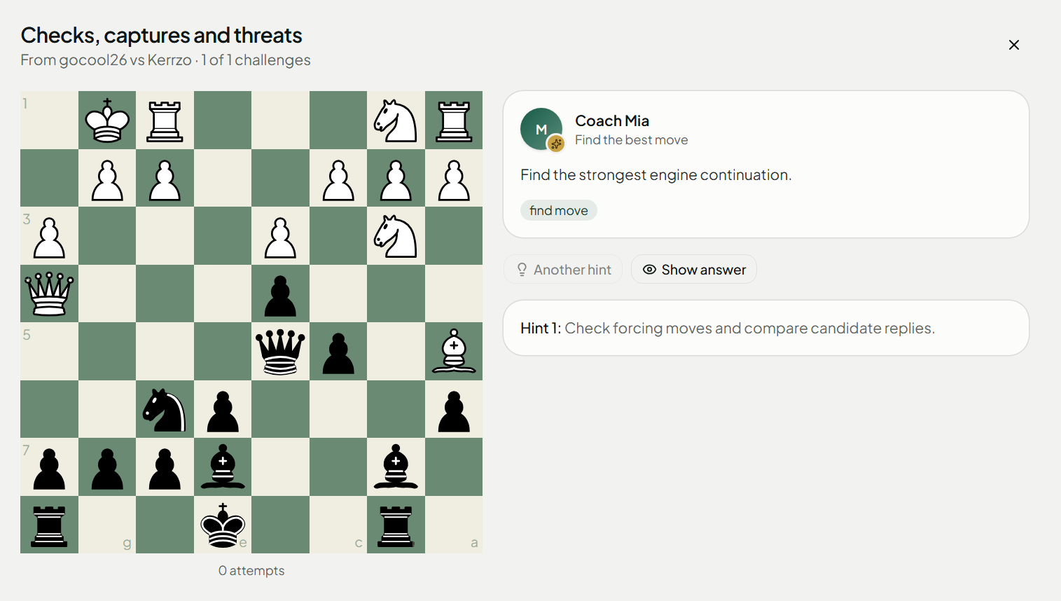 A training challenge from a played game, with a chess position, coaching prompt and hint