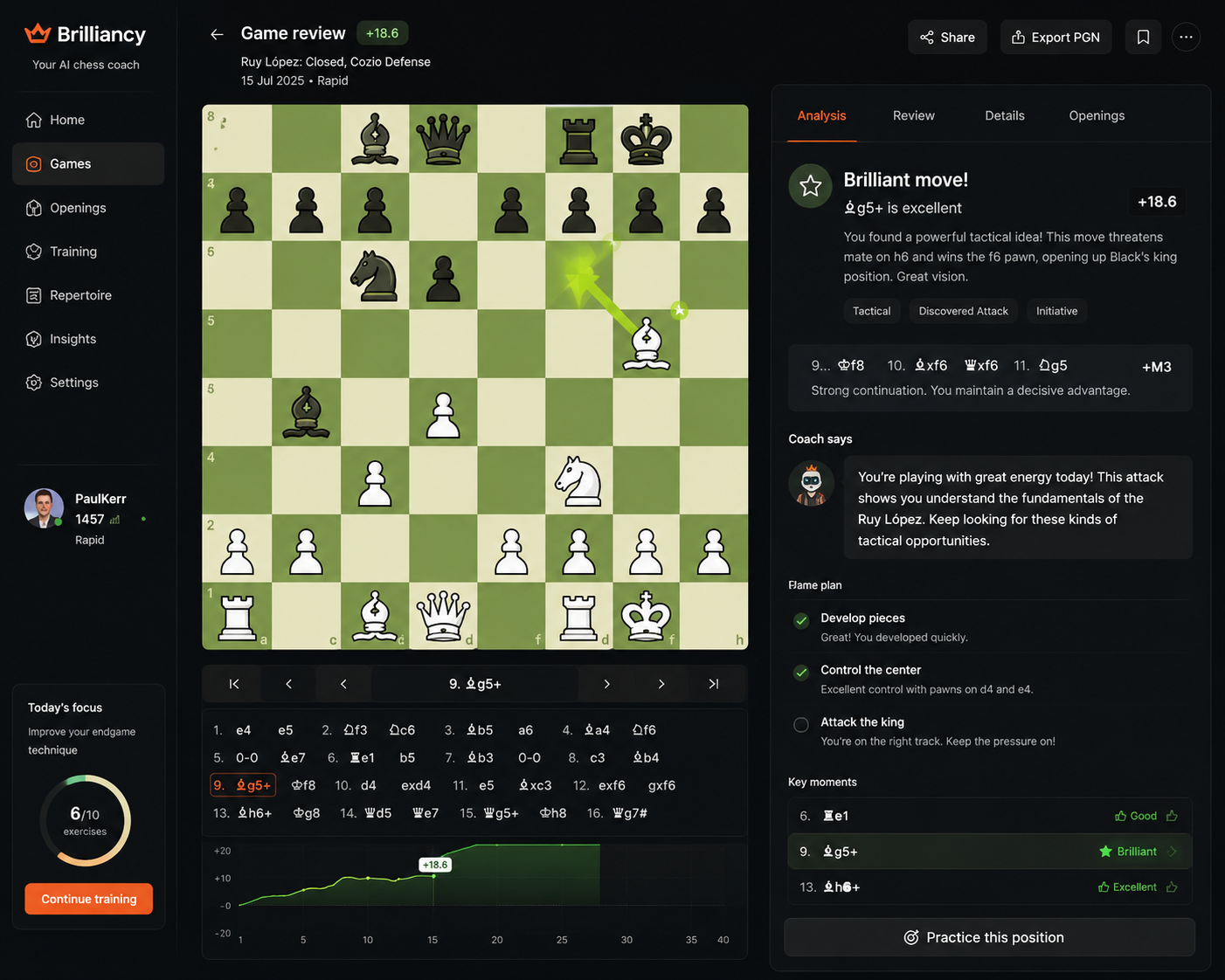 Brilliancy chess board and coaching UI