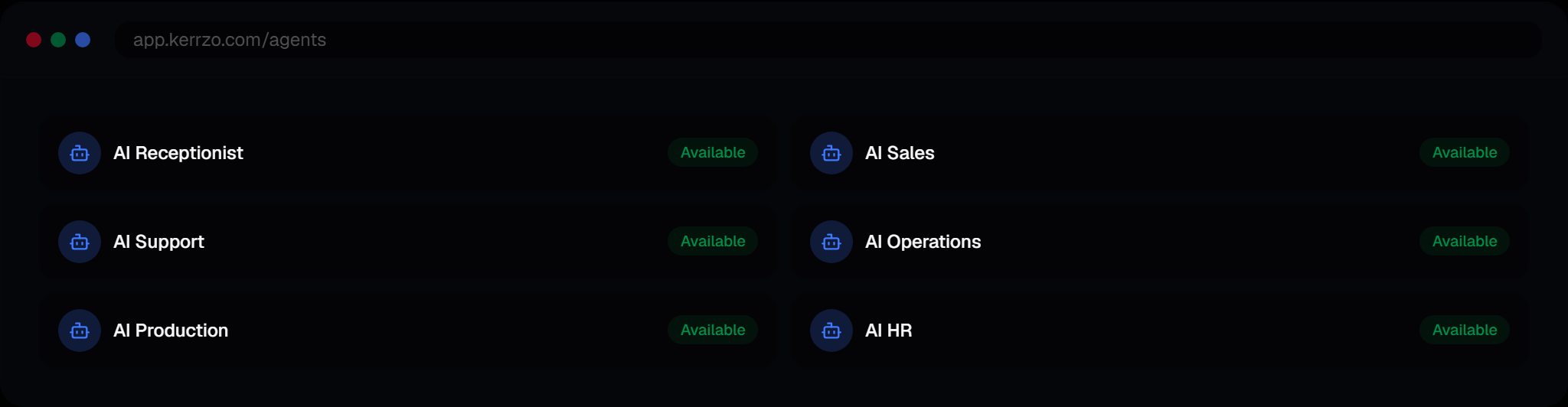 Kerrzo marketing UI showing department agents and their activity