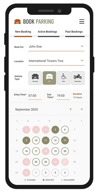 Amica parking booking interface showing vehicle types and available dates