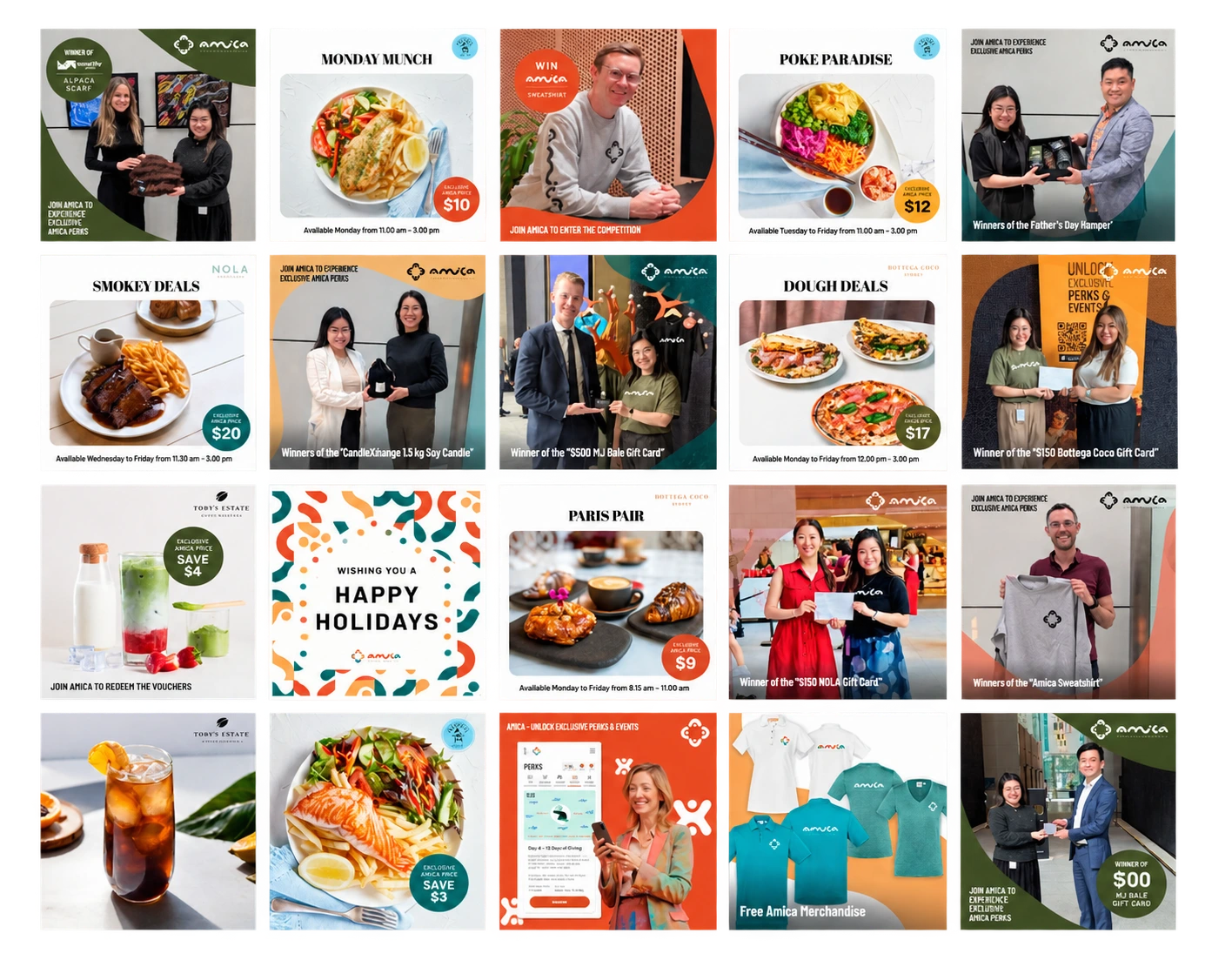Amica community programme showing retailer offers, competition winners, merchandise and local food deals