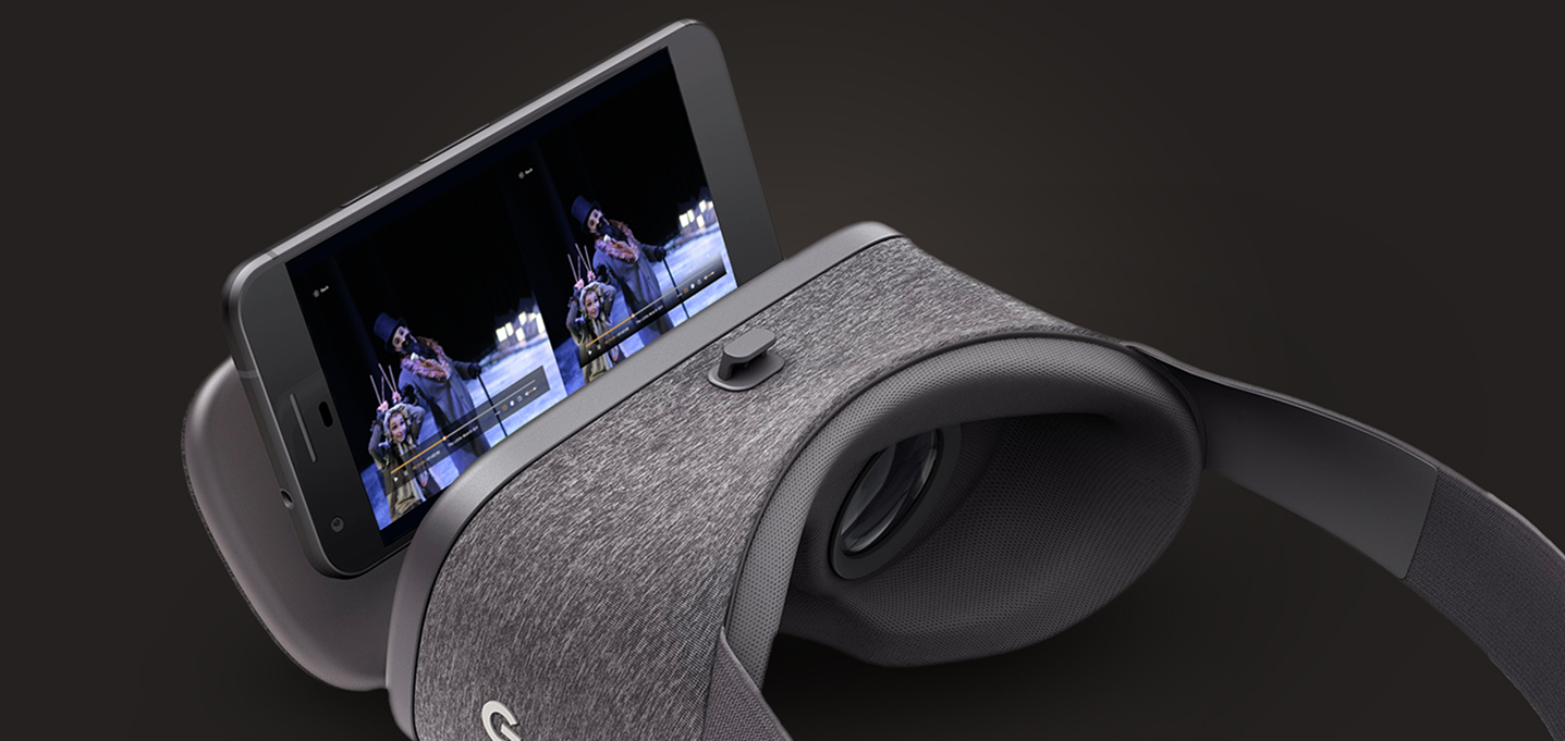 Smartphone loaded into a VR headset, showing a live theatre stream