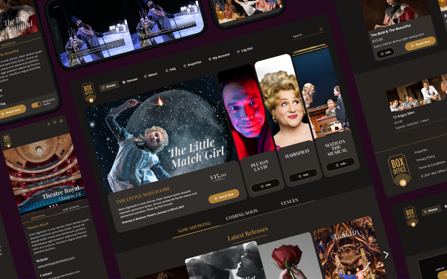 The BoxOfficeVR platform showing show listings, venue pages and a theatre streaming interface across web and mobile