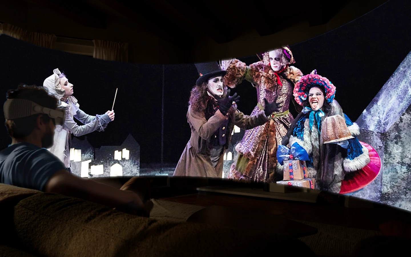 BoxOfficeVR promotional visual combining a headset viewer at home with an immersive theatre performance