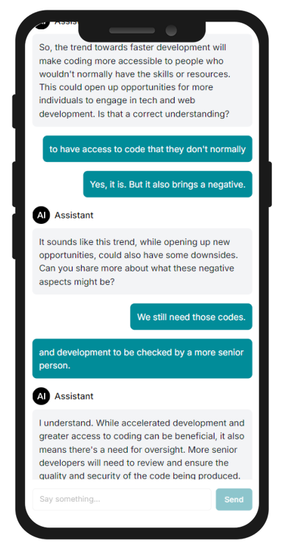Strategy Connect’s guided AI conversation interface on a phone, showing a back-and-forth exchange about a survey question