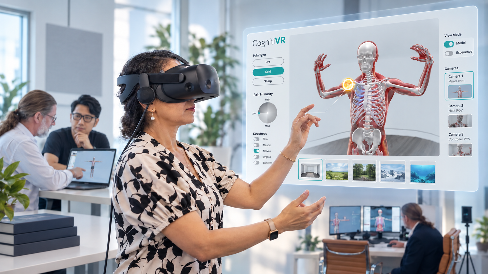Illustration of a VR session alongside the CognitiVR anatomical interface