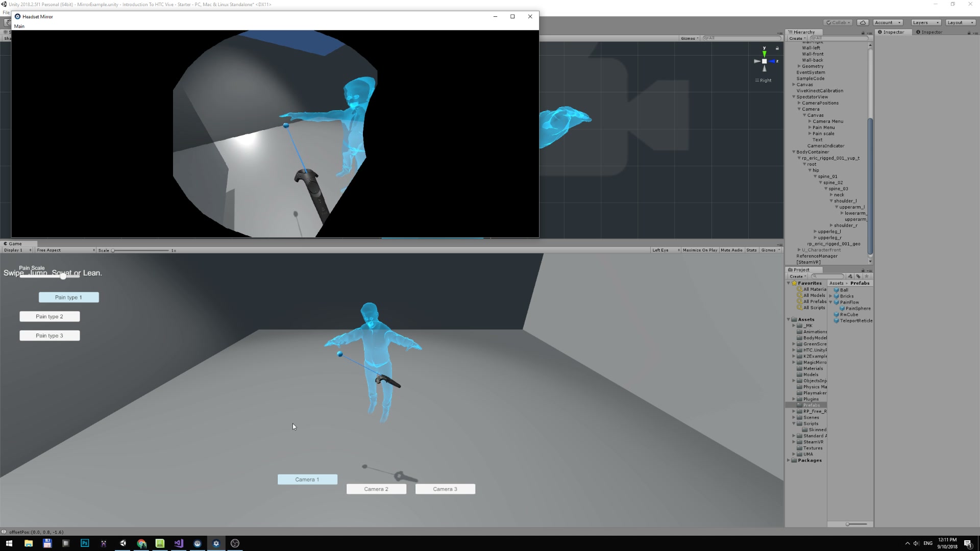 Development recording showing the headset mirror alongside a virtual body and tracked controller