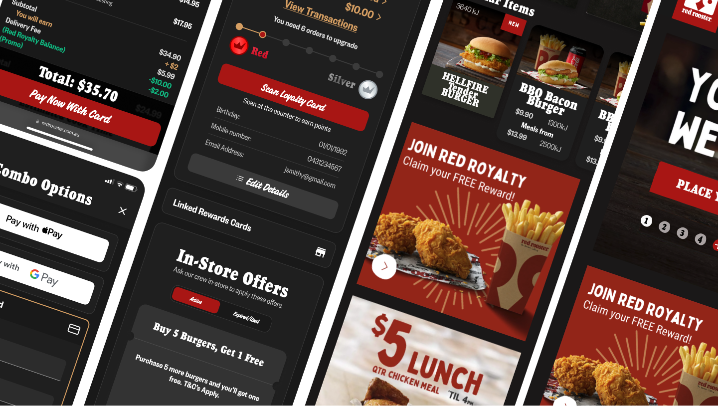 Red Rooster ordering app showing checkout, loyalty points and combo options
