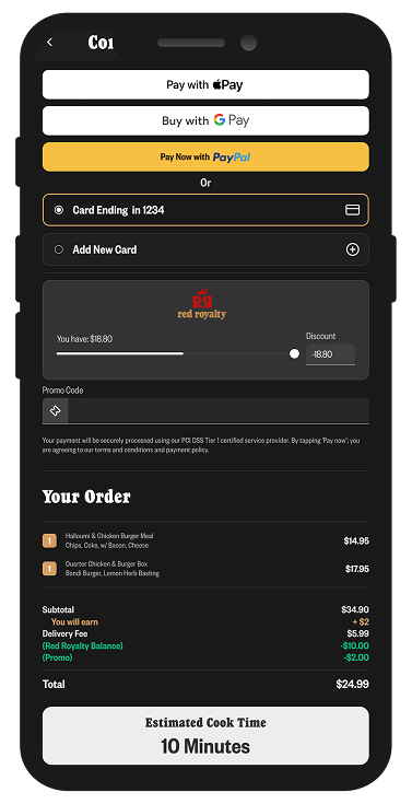 Red Rooster checkout screen showing Apple Pay, Google Pay and PayPal options alongside Red Royalty loyalty balance
