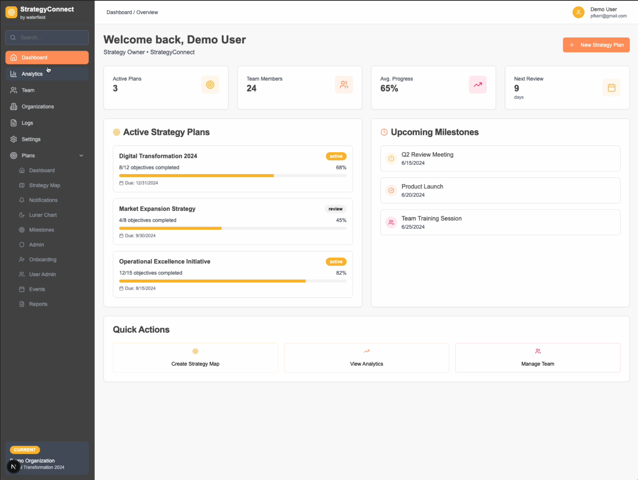Rebuilt Strategy Connect application dashboard with active strategy plans and upcoming milestones