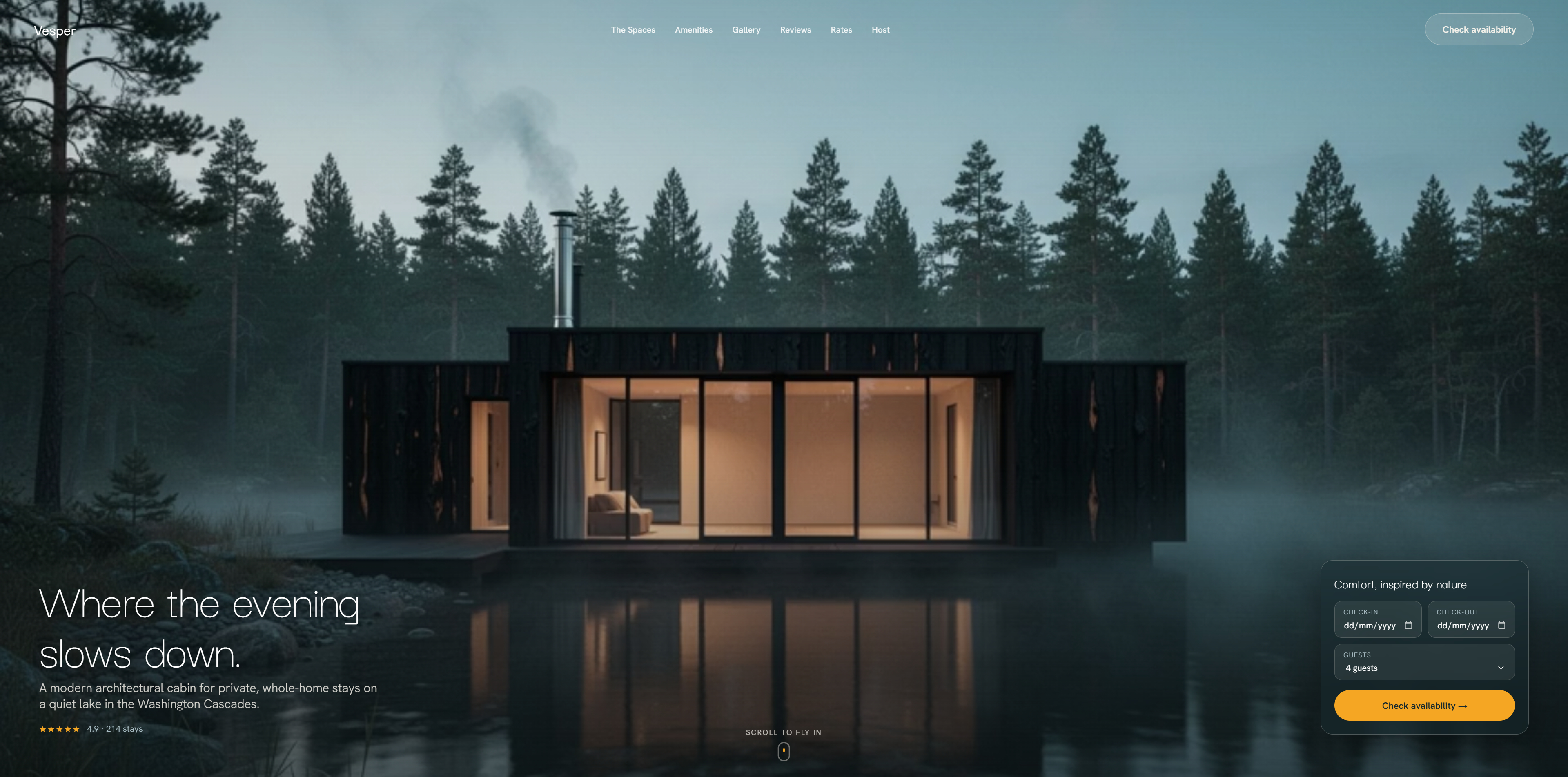 Vesper cabin rental website hero — misty lakeside cabin with booking panel