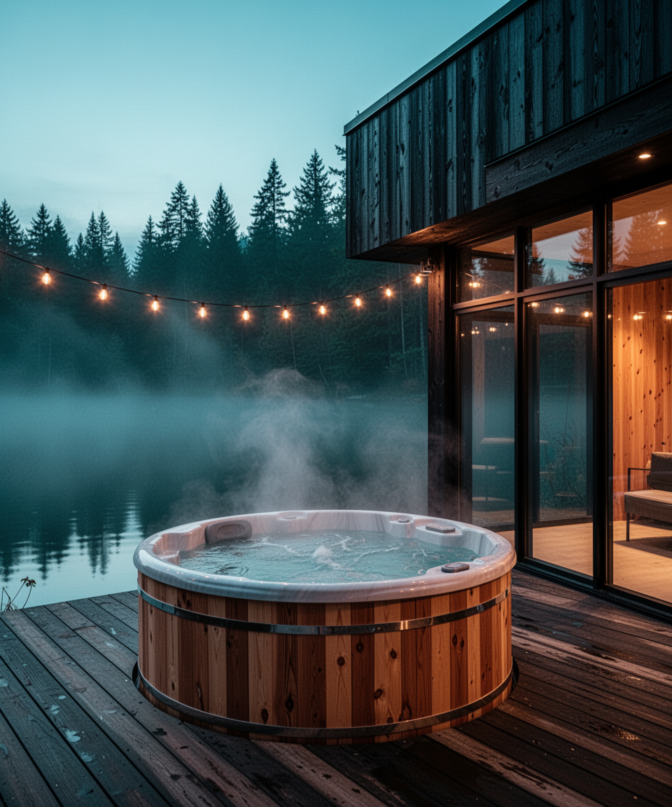 Cedar hot tub at dusk